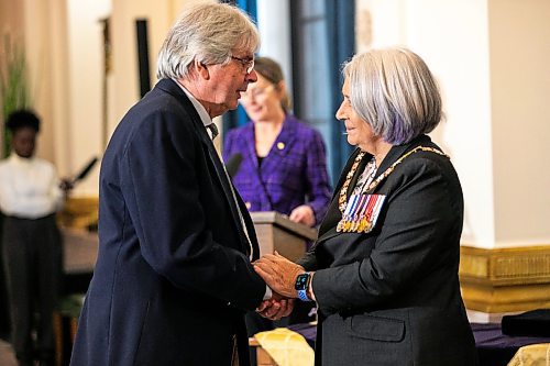 MIKAELA MACKENZIE / FREE PRESS
	
Governor general Mary Simon invests Bernard Joseph into the Order of Canada for his writing on Manitoba&#x573; francophone community at the legislative building on Wednesday, Nov. 20, 2024.


Winnipeg Free Press 2024