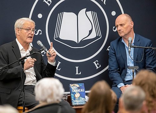 BROOK JONES/FREE PRESS
McNally Robinson hosts an Evening with Marc Garneau in Winnipeg, Man., Wednesday, Nov. 20, 2024. Pictured: Canada's first man in space Garneau (left) talks with Free Press Editor Paul Samyn about his life experiences as astronaut and Liberal MP. Garneau was in Winnipeg to talk about his memoir A Most Extraordinary Ride: Space, Politics, and the Pursuit of a Canadian Dream published in early October of 2024 by McClelland &amp; Stewart.