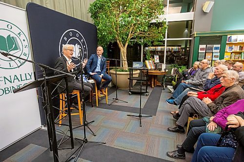 BROOK JONES/FREE PRESS
McNally Robinson hosts an Evening with Marc Garneau in Winnipeg, Man., Wednesday, Nov. 20, 2024. Pictured: Canada's first man in space Garneau (left) talks about his experiences as an astronaute and Liberal MP during a conversation hosted by Paul Samyn. As many as 120 people attended the event. Garneau was in Winnipeg to talk about his memoir A Most Extraordinary Ride: Space, Politics, and the Pursuit of a Canadian Dream published in early October of 2024 by McClelland &amp; Stewart.