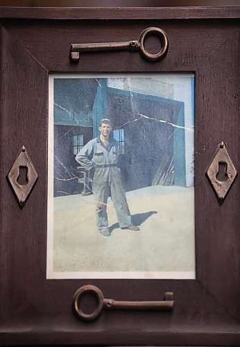 RUTH BONNEVILLE / FREE PRESS

BIZ - Mitchell Welding

Photo of Ed's father-i -law in front of the shop.  Ed took over the business from his father-in-law, Ron Mitchell, and the two were very close.Photo is all the wall in the office. 

Ed Nichols, owner of  Mitchell Welding, a 128-year-old company that specializes in trailer hitch installation and repair that he took over from his father-in-law.  

Story by Aaron
Nov. 22 'Made in Manitoba' article 

Nov  20th, 2024