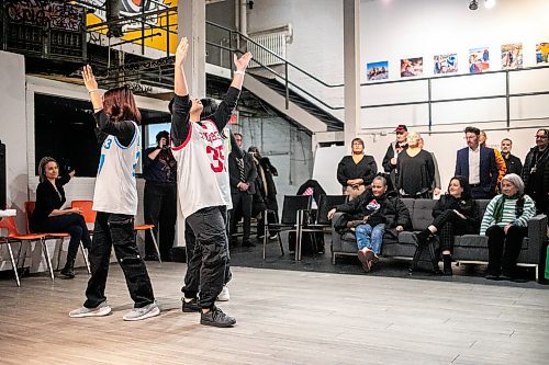 MIKAELA MACKENZIE / FREE PRESS
	
Breakdancers Mandeep Saini (left), JR Manaligod (right), and Mickey Thai (behind) perform for governor general Mary Simon at the Graffiti Gallery on Thursday, Nov. 21, 2024. The performance followed a roundable discussion with the governor general at the gallery as part of her Mental Health Learning and Listening Tour. 

Standup.
Winnipeg Free Press 2024