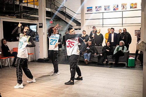 MIKAELA MACKENZIE / FREE PRESS
	
Breakdancers Mickey Thai (left), Mandeep Saini, and JR Manaligod perform for governor general Mary Simon at the Graffiti Gallery on Thursday, Nov. 21, 2024. The performance followed a roundable discussion with the governor general at the gallery as part of her Mental Health Learning and Listening Tour. 

Standup.
Winnipeg Free Press 2024