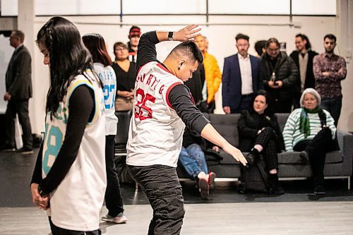 MIKAELA MACKENZIE / FREE PRESS
	
Breakdancer JR Manaligod (right) performs with Mickey Thai (front left) and Mandeep Saini (back left) for governor general Mary Simon at the Graffiti Gallery on Thursday, Nov. 21, 2024. The performance followed a roundable discussion with the governor general at the gallery as part of her Mental Health Learning and Listening Tour. 

Standup.
Winnipeg Free Press 2024