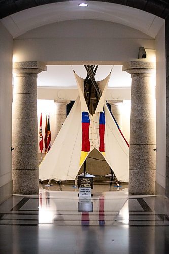 MIKAELA MACKENZIE / FREE PRESS
	
A tipi stands inside the building at the launch of the provincial strategy to empower Indigenous women, girls and gender-diverse relatives at the Manitoba Legislative Building on Friday, Nov. 22, 2024. 


Winnipeg Free Press 2024