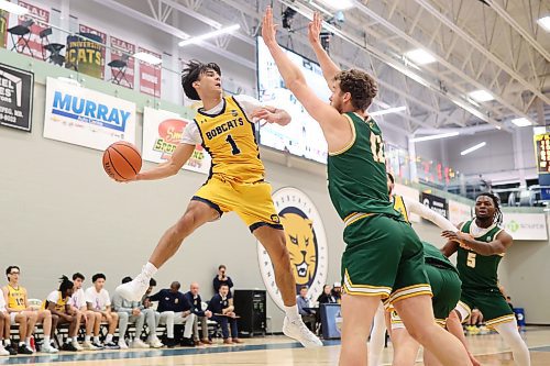 Travis Hamberger (1) of the Brandon Bobcats leaps to pass the ball as Ethan Egert (12) of the University of Alberta Golden Bears tries to block during university basketball action at the BU Healthy Living Centre on Friday evening. (Tim Smith/The Brandon Sun)