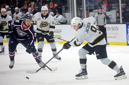 Jaxon Jacobson of the Brandon Wheat Kings tries to get his stick on the loose puck against the Tri-City Americans at Westoba Place on Friday evening. 
(Tim Smith/The Brandon Sun)