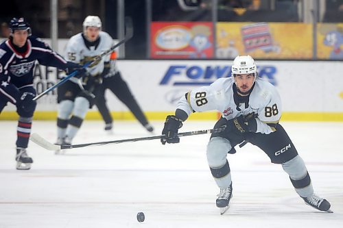 Matteo Michels moves the puck up ice during action against the Americans at Westoba Place on Friday evening. 
(Tim Smith/The Brandon Sun)