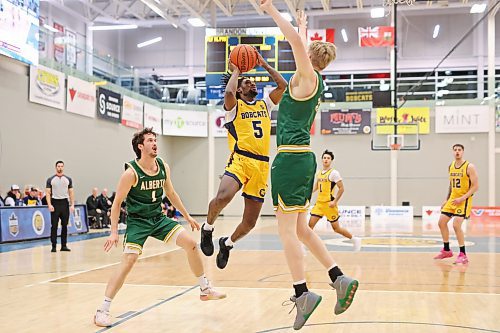 Dewayne Thompson of the Bobcats shoots against Alberta at the Healthy Living Centre on Friday evening. 
(Tim Smith/The Brandon Sun)