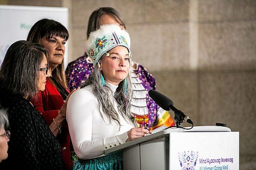 MIKAELA MACKENZIE / FREE PRESS
	
Families minister Nahanni Fontaine speaks emotionally, while being supported by other women, at the launch of the provincial strategy to empower Indigenous women, girls and gender-diverse relatives at the Manitoba Legislative Building on Friday, Nov. 22, 2024. 


Winnipeg Free Press 2024