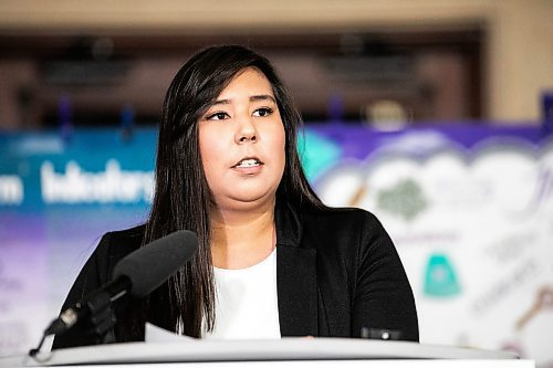 MIKAELA MACKENZIE / FREE PRESS
	
Cassy Regier, graphic designer, speaks at the launch of the provincial strategy to empower Indigenous women, girls and gender-diverse relatives at the Manitoba Legislative Building on Friday, Nov. 22, 2024. 


Winnipeg Free Press 2024