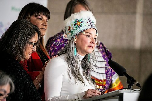 MIKAELA MACKENZIE / FREE PRESS
	
Families minister Nahanni Fontaine speaks emotionally, while being supported by other women, at the launch of the provincial strategy to empower Indigenous women, girls and gender-diverse relatives at the Manitoba Legislative Building on Friday, Nov. 22, 2024. 


Winnipeg Free Press 2024