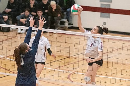 Assinibone's Heather Brost attempts an attack against Providence on Saturday afternoon at Assiniboine College Gym. (Matt Packwood/The Brandon Sun)