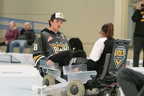 Brandon Wheat Kings captain Quinn Mantei tries his hand in Westman Volt hockey at the Keystone City Centre Sqaure arena. (Matt Packwood/The Brandon Sun)