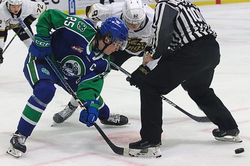 Brandonite Clarke Caswell (25) of the Swift Current Broncos wins a faceoff against Brandon Wheat Kings forward Dominik Petr (82) during a Western Hockey League game between the clubs on Oct. 5 at Westoba Place. (Perry Bergson/The Brandon Sun)
Nov. 26, 2024