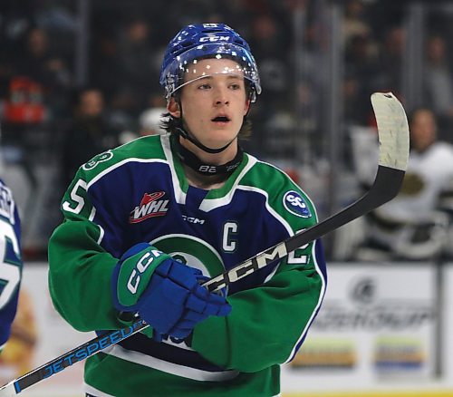 Brandonite Clarke Caswell, shown during a game against the Brandon Wheat Kings at Westoba Place on Oct. 5, has taken on a new level of responsibility with the Swift Current Broncos after being named team captain this season. (Perry Bergson/The Brandon Sun)