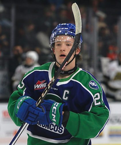 Brandonite Clarke Caswell, shown during a game against the Brandon Wheat Kings at Westoba Place on Oct. 5, has taken on a new level of responsibility with the Swift Current Broncos after being named team captain this season. (Perry Bergson/The Brandon Sun)