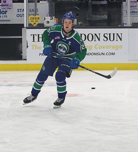 Swift Current Broncos captain Clarke Caswell (25) of Brandon warms up prior to his team&#x2019;s Western Hockey League game against the Brandon Wheat Kings at Westoba Place on Saturday. (Perry Bergson/The Brandon Sun)
Nov. 26, 2024