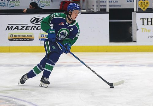 Swift Current Broncos captain Clarke Caswell (25) of Brandon warms up prior to his team&#x2019;s Western Hockey League game against the Brandon Wheat Kings at Westoba Place on Saturday. (Perry Bergson/The Brandon Sun)
Nov. 26, 2024