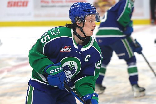 Swift Current Broncos captain Clarke Caswell (25) of Brandon warms up prior to his team&#x2019;s Western Hockey League game against the Brandon Wheat Kings at Westoba Place on Saturday. (Perry Bergson/The Brandon Sun)
Nov. 26, 2024