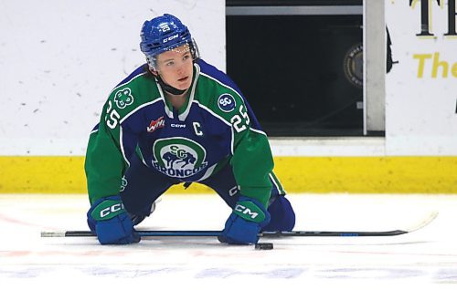 Swift Current Broncos captain Clarke Caswell (25) of Brandon warms up prior to his team&#x2019;s Western Hockey League game against the Brandon Wheat Kings at Westoba Place on Saturday. (Perry Bergson/The Brandon Sun)
Nov. 26, 2024