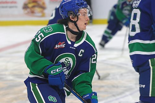 Swift Current Broncos captain Clarke Caswell (25) of Brandon warms up prior to his team&#x2019;s Western Hockey League game against the Brandon Wheat Kings at Westoba Place on Saturday. (Perry Bergson/The Brandon Sun)
Nov. 26, 2024