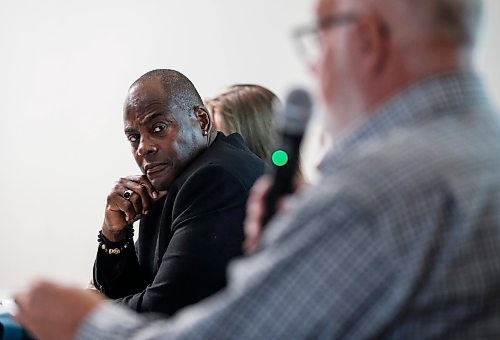 JOHN WOODS / FREE PRESS
Willard Reeves, former professional athlete, listens in as  Ian MacIntyre, retired teacher, speaks at a learning disabilities forum at River Heights Community Centre Sunday, November 24, 2024. 

Reporter: maggie