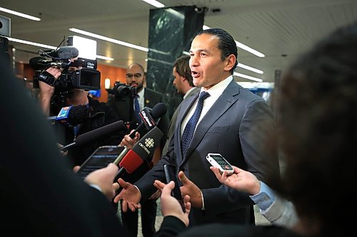 Premier Wab Kinew answers questions from the media after giving his address at the Association of Manitoba Municipalities (AMM) fall convention at Winnipeg's RBC Convention Centre Monday. (Ruth Bonneville/Winnipeg Free Press)