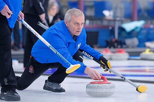 Paul Kruk delivers a rock in Tuesday's Masters regional qualifying bonspiel, in which his team out of Souris booked its first trip to the provincial championship. (Matt Packwood/The Brandon Sun)