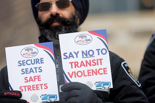 MIKE DEAL / FREE PRESS
Transit driver, Mandeep Singh, holds a signs saying &#x201c;Secure Seats Safe Streets,&#x201d; and &#x201c;Say No to Transit Violence&#x201d; during rally.
Members of the Amalgamated Transit Union Local 1505 hold a rally Tuesday morning outside city hall pushing for improved safety measures on Winnipeg Transit.
ATU local 1505 president, Chris Scott, speaks during the rally outside city hall.
Reporter: Erik Pindera
241126 - Tuesday, November 26, 2024.