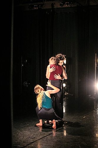 MIKAELA MACKENZIE / FREE PRESS
	
Winnipeg's Contemporary Dancers Justine Erickson (left), Carol-Ann Bohrn (right), and Aileen Holzrichter (bottom) perform an excerpt from the Rachel Browne Tribute show happening on the weekend at the Rachel Browne Theatre on Tuesday, Nov. 26, 2024.

Winnipeg Free Press 2024