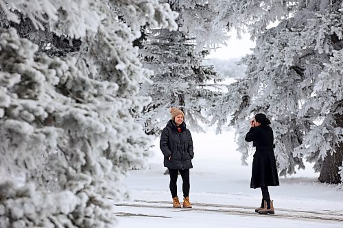 27112024
Hilary Macalanda and Katherine Mansoy take photos together amongst the hoar-frost covered trees at the Brandon Research and Development Centre off Grand Valley Road on a crisp Wednesday morning. 
(Tim Smith/The Brandon Sun)