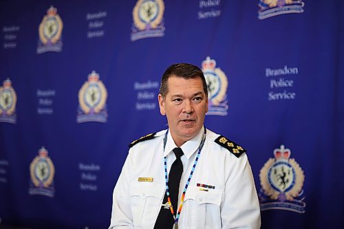 27112024
Brandon Police Service Chief Tyler Bates speaks with Brandon Sun editor Matt Goerzen at BPS Headquarters in Brandon on Wednesday.
(Tim Smith/The Brandon Sun)