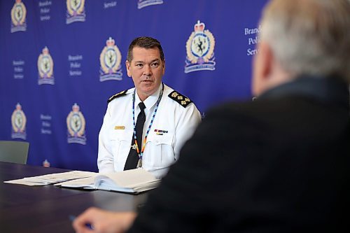 27112024
Brandon Police Service Chief Tyler Bates speaks with Brandon Sun editor Matt Goerzen at BPS Headquarters in Brandon on Wednesday.
(Tim Smith/The Brandon Sun)