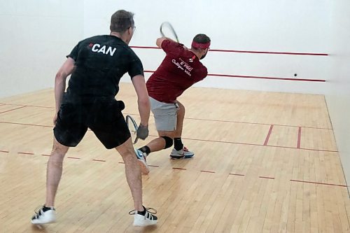 Kurtis Cullen of Brandon (foreground) watches a return from the No. 1 ranked player in Canada Sam Murray in the Brandon Classic semifinal. Cullen lost the match to the eventual tournament winner Murray before winning the third place match. (Matt Packwood/The Brandon Sun)