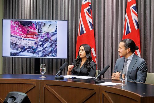 MIKE DEAL / FREE PRESS
Premier Wab Kinew and Amna Mackin, assistant deputy minister, Executive Council, speak during a press conference after returning from observing the start of the first day workers began sifting through the material excavated from a targeted area of the Prairie Green Landfill in the search for the remains of two First Nations women, Morgan Harris, 39, and Marcedes Myran, 26, who were slain by serial killer, Jeremy Skibicki.
Reporter: Aaron Epp
241202 - Monday, December 02, 2024.