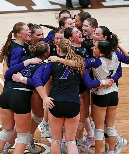 JOHN WOODS / WINNIPEG FREE PRESS
Vincent Massey Vikings celebrate a win over the Jeanne-Sauve Olympiens in the Manitoba High School 2022 AAAA Varsity Volleyball Provincial Championship at the University of Manitoba Monday, December 2, 2024.