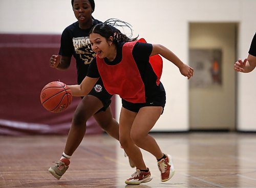 Genesis Lopez Mejia dribbles during Crocus Plainsmen basketball practice on Tuesday. The Grade 11 guard is entering her second season with the varsity girls, kicking off with their Early Bird home tournament today. (Thomas Friesen/The Brandon Sun)