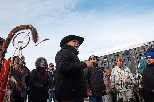 03122024
Travis Mazawasicuna with Sioux Valley Dakota Nation's Unity Riders speaks to students from Birdtail Sioux First Nation prior to the riders escorting 11 bison (often referred to as buffalo in Dakota culture) through Birdtail to their new home in a pen in the First Nation&#x2019;s valley on Tuesday. Mazawasicuna spoke about the spiritual and cultural importance of the bison. (Tim Smith/The Brandon Sun)