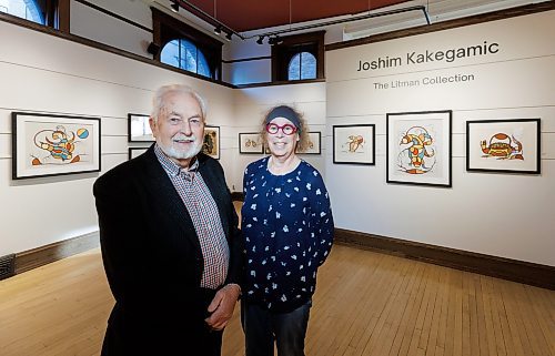 MIKE DEAL / FREE PRESS
Bill Mayberry, owner of Mayberry Fine Art Gallery, 212 McDermot Avenue, with Shelley Litman, daughter of Dr. Jerry Litman, who was a dentist in Kenora and was an enthusiastic collector of art. The main gallery at Mayberry, Joshim Kakegamic: The Litman Collection, will be on display until December 21st and is only a portion of the large number of Joshim Kakegamic pieces Dr. Litman amassed over the years.
Reporter: Conrad Sweatman
241204 - Wednesday, December 04, 2024.