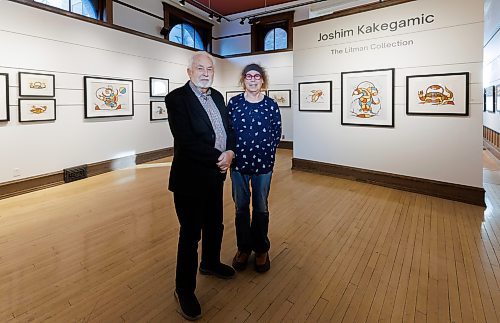 MIKE DEAL / FREE PRESS
Bill Mayberry, owner of Mayberry Fine Art Gallery, 212 McDermot Avenue, with Shelley Litman, daughter of Dr. Jerry Litman, who was a dentist in Kenora and was an enthusiastic collector of art. The main gallery at Mayberry, Joshim Kakegamic: The Litman Collection, will be on display until December 21st and is only a portion of the large number of Joshim Kakegamic pieces Dr. Litman amassed over the years.
Reporter: Conrad Sweatman
241204 - Wednesday, December 04, 2024.