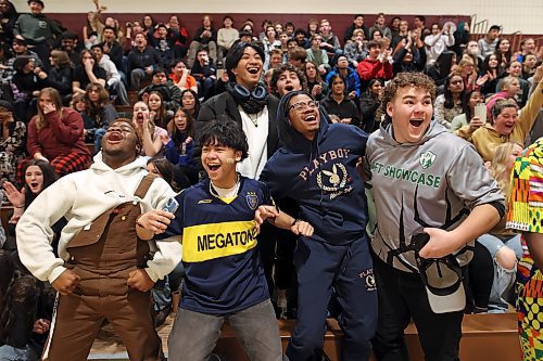 Crocus Plains Regional Secondary School students cheer wildly for a basket during the Plainsmen’s opening game against the Virden Golden Bears. (Tim Smith/The Brandon Sun)
