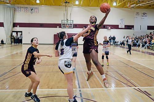 Rebecca Alebiosu of the Crocus Plainsmen goes up for a layup against the Virden Golden Bears the Plainsmen’s opening game of the Crocus Plains Early Bird varsity girls basketball tournament at Crocus on Friday morning. (Tim Smith/The Brandon Sun)
