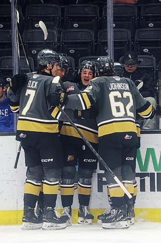 Brandon Wheat Kings players celebrate a goal in the Friday night's 5-1 win over Red Deer. 
(Tim Smith/The Brandon Sun)