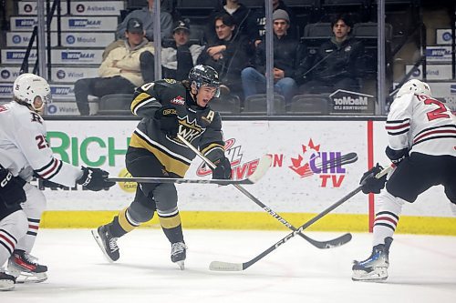 Caleb Hadland of the Wheat Kings fires a shot on net. (Tim Smith/The Brandon Sun)