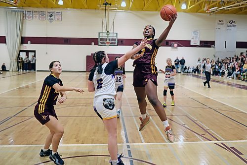 06122024
Rebecca Adiamo #2 of the Crocus Plainsmen leaps to take a shot on the net during the Plainsmen&#x2019;s opening match against the Virden Bears in the Crocus Plains Early Bird Varsity Girls Basketball Tournament at CPRSS on Friday morning. 
(Tim Smith/The Brandon Sun)
