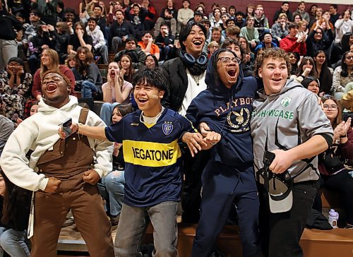 06122024
Crocus Plains Regional Secondary School students cheer wildly for a basket during the Crocus Plainsmen&#x2019;s opening match against the Virden Bears in the Crocus Plains Early Bird Varsity Girls Basketball Tournament at CPRSS on Friday morning. 
(Tim Smith/The Brandon Sun)
