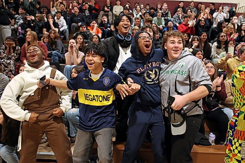 06122024
Crocus Plains Regional Secondary School students cheer wildly for a basket during the Crocus Plainsmen&#x2019;s opening match against the Virden Bears in the Crocus Plains Early Bird Varsity Girls Basketball Tournament at CPRSS on Friday morning. 
(Tim Smith/The Brandon Sun)
