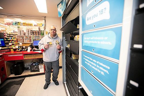 MIKAELA MACKENZIE / FREE PRESS
Ramsey Zeid, Food Fare manager, with the cigarette display at the Maryland store on Friday, Dec. 6, 2024. Food Fare has seen a drastic decrease in cigarette sales over the last few years, and part of the reason could be illegal cigarette sales, Ramsey said.
For Gabby story.
Winnipeg Free Press 2024