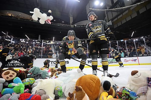 07122024
Volunteers and Brandon Wheat Kings players clean up hundreds of stuffed animals after the Teddy Bear Toss goal  during the first period of WHL action against the Prince Albert Raiders at Westoba Place on Saturday evening. The stuffed animals and other items are collected for Brandon-Westman Christmas Cheer. 
(Tim Smith/The Brandon Sun)