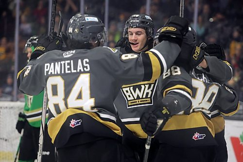 07122024
Brandon Wheat Kings players celebrate a goal by Matteo Michels #88 of the Wheaties during WHL action against the Prince Albert Raiders at Westoba Place on Saturday evening. 
(Tim Smith/The Brandon Sun)